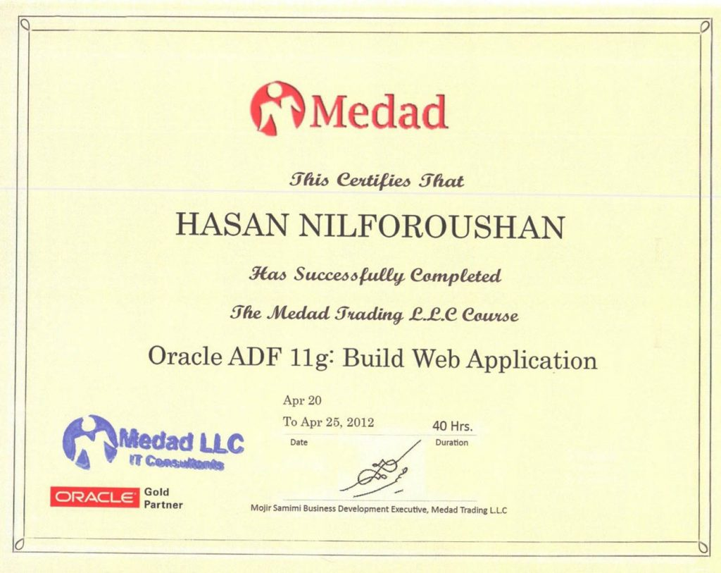 گواهینامه دوره Oracle ADF 11g: Build Web Application برای حسن نیلفروشان