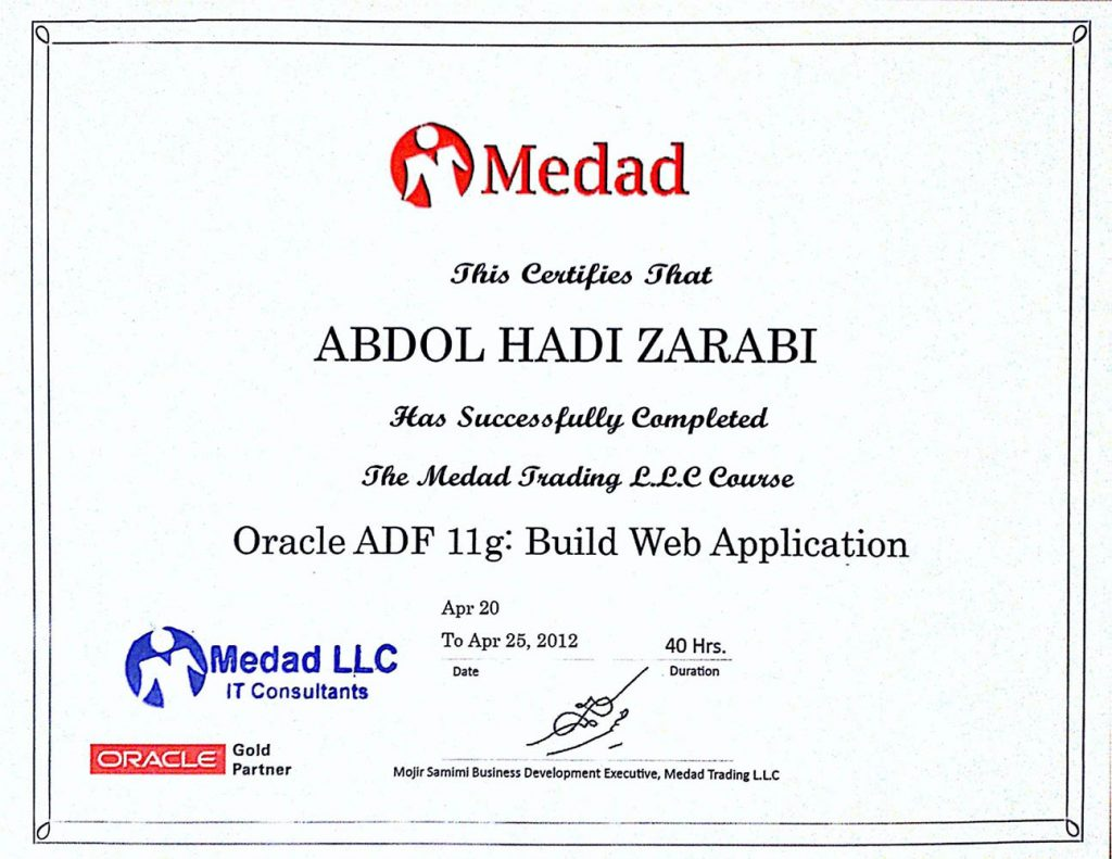 گواهینامه دوره Oracle ADF 11g: Build Web Application برای عبدالهادی ضرابی