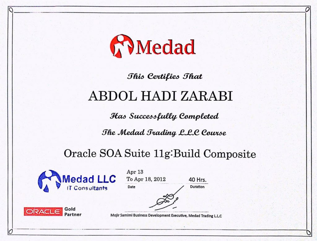 گواهینامه دوره Oracle SOA Suite 11g: Build Composite برای عبدالهادی ضرابی
