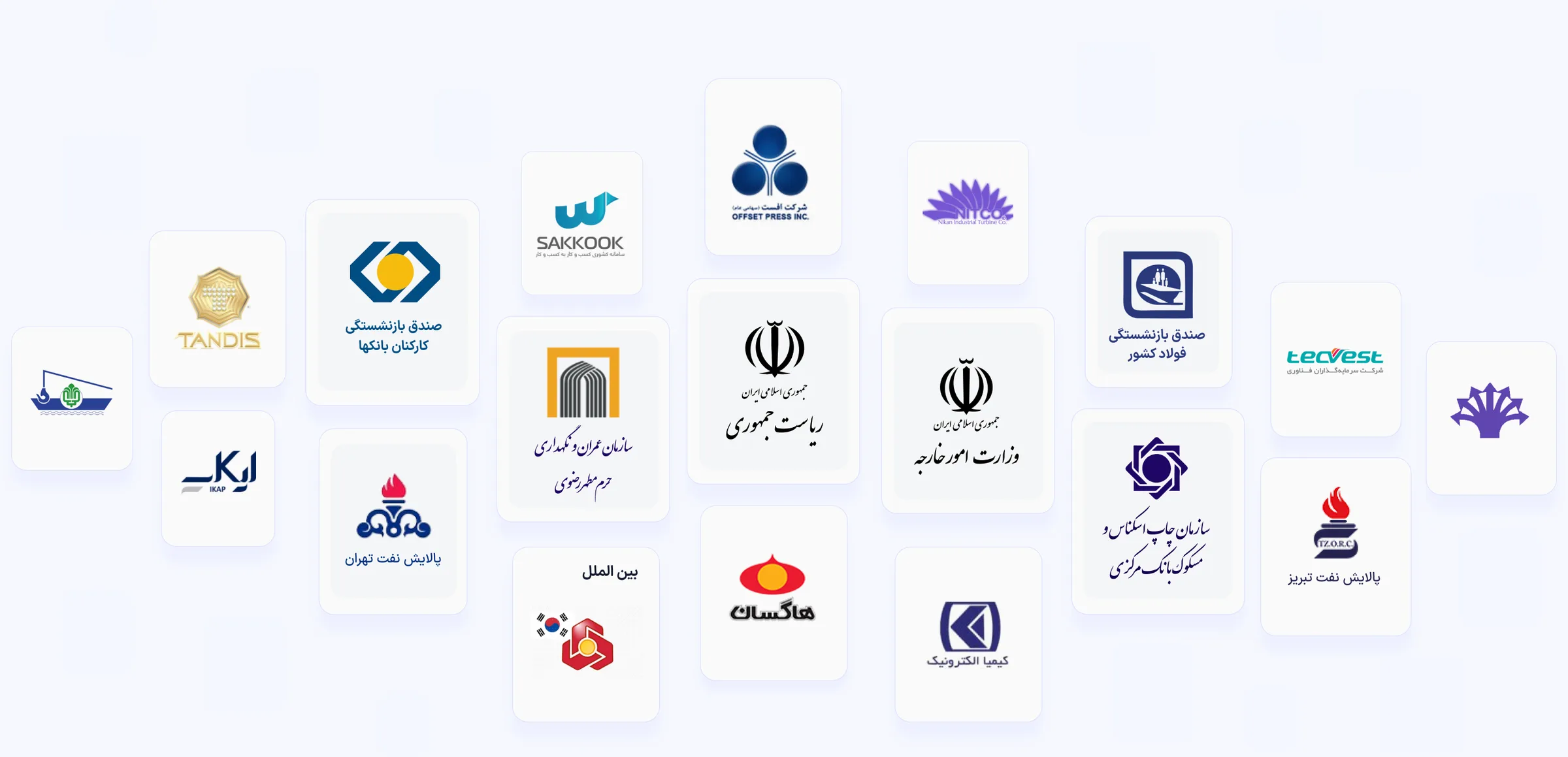 لوگوی مشتریان رایدانا: نهاد ریاست جمهوری، وزارت امور خارجه، پالایش نفت تهران و تبریز، صندوقهای بازنشستگی و سازمانهای دیگر